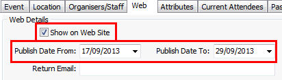 Events Maintenance - Web tab (cut down, community portal fields highlighted)