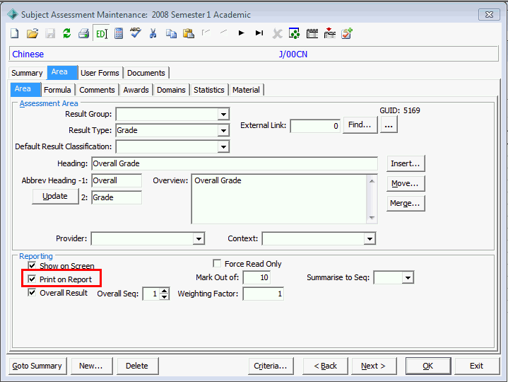 Subject Assessment Maintenance - Area tab - Area sub-tab (print on report highlighted)