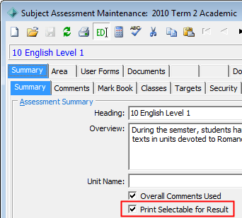 Subject Assessment Maintenance - Summary tab - Summary sub-tab (Print Selectable for Result)