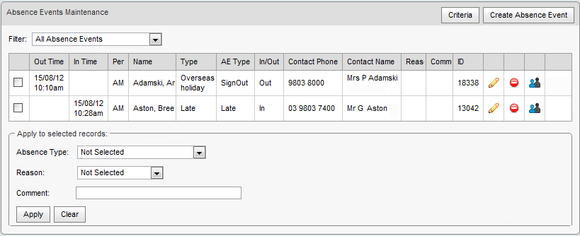 Absence Events Maintenance - populated from tag list (synweb)
