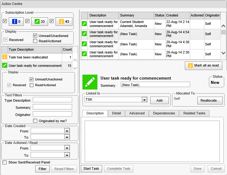 Action Centre - Description tab (synweb, cut down)