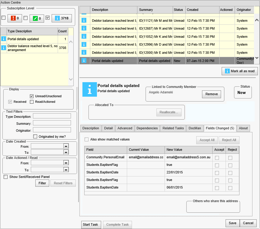 Action Centre - Fields changed tab (synweb)
