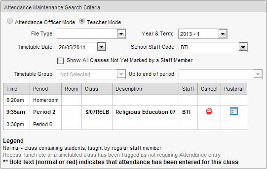 Attendance maintenance - Marked class result (synweb)