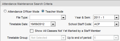 Attendance Maintenance Search window (selection area)