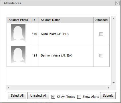Attendances window (Appointment, synweb)