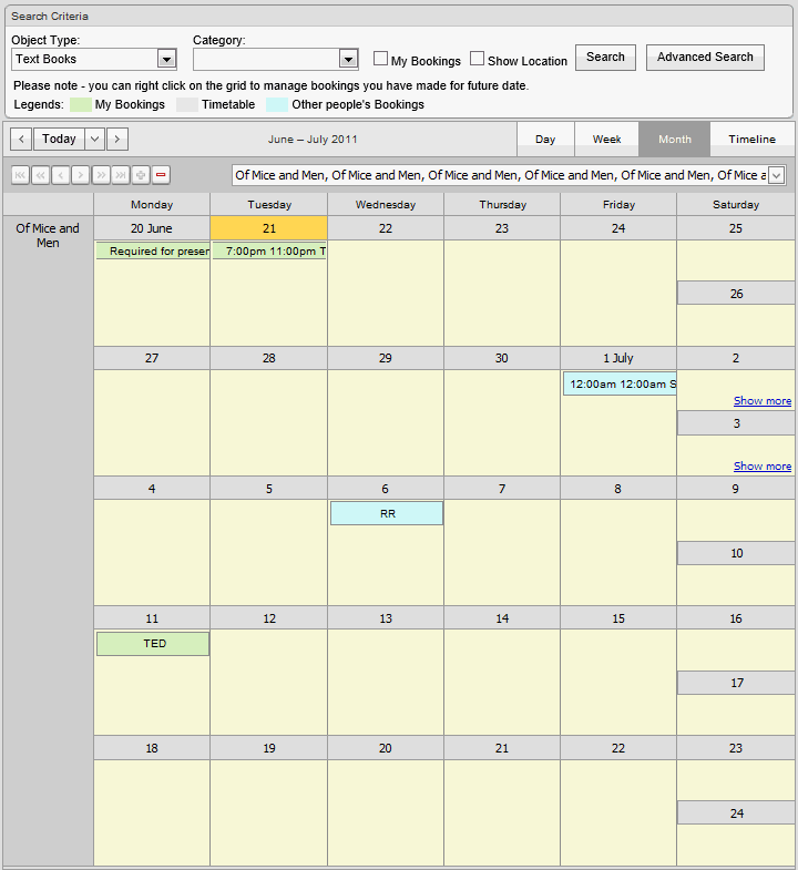 Bookings Maintenance - By Date (synweb, month view)