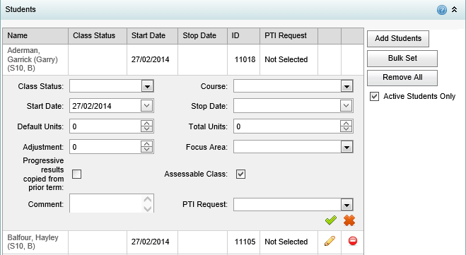 Class Maintenance - Students bar (Edit view, synweb)