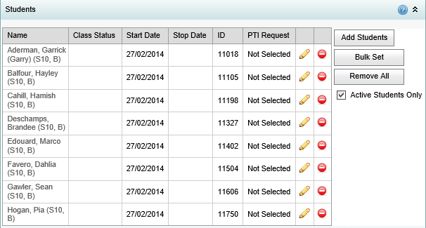 Class Maintenance - Students bar (Initial view, synweb)