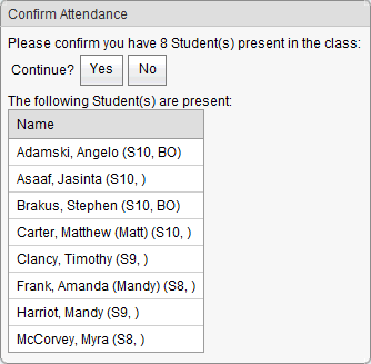 Confirm Attendance window
