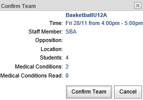Confirm team (Co-Curricular Maintenance - Schedule bar, synweb, cut-down)