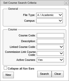Course Maintenance Search Criteria window (synweb, cut down)