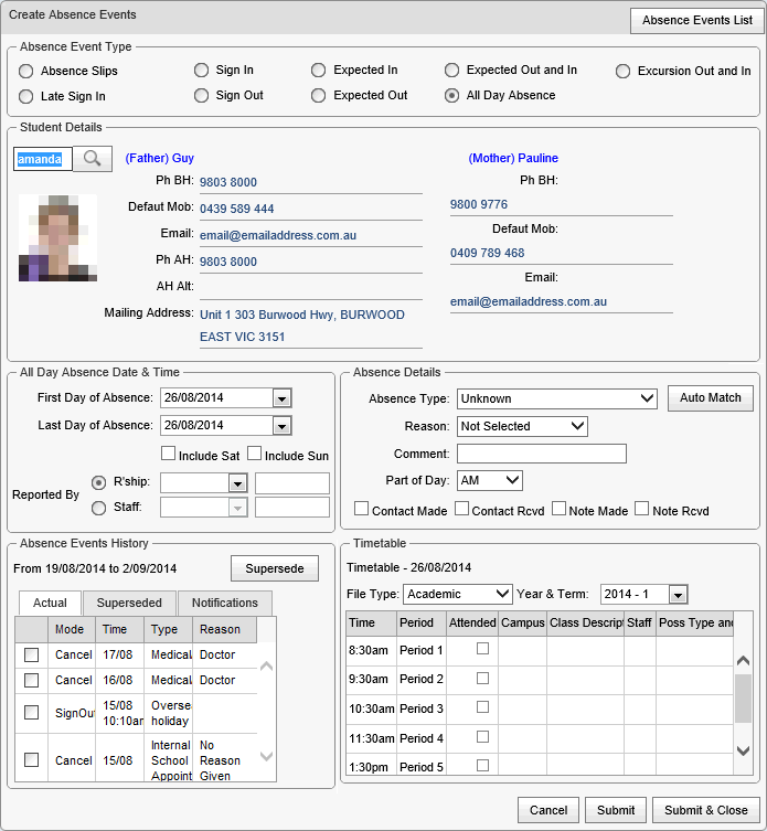 Create Absence Events window (synweb, Adamski, cut down)