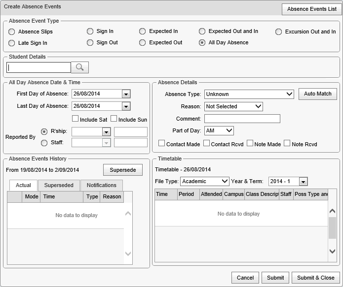Create Absence Events window (synweb, initial, cut down)