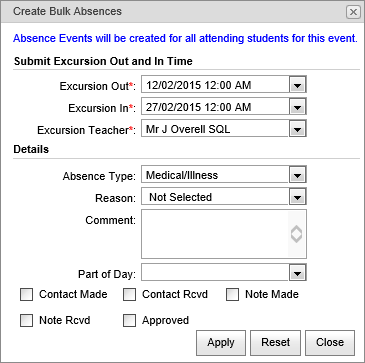 Create Bulk Absences window (synweb)