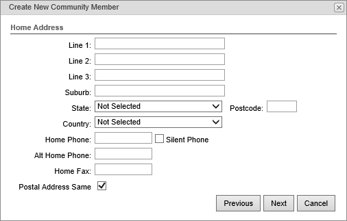 Create new community member - Home Address window (synweb)