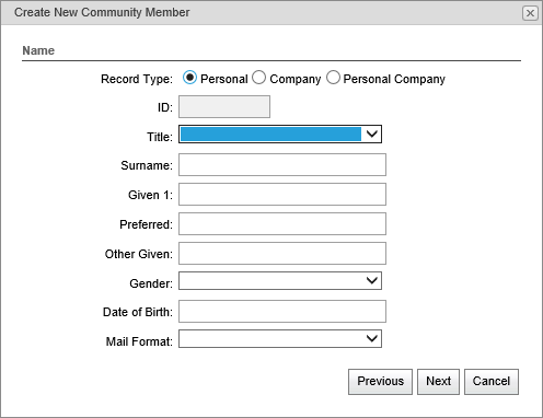 Create new community member - name window (synweb)