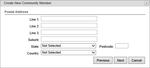 Create New Community Member - Postal Address window (synweb)
