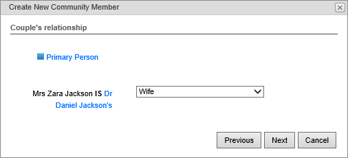 Create New Community Member - Select Couple Relationship window (synweb)