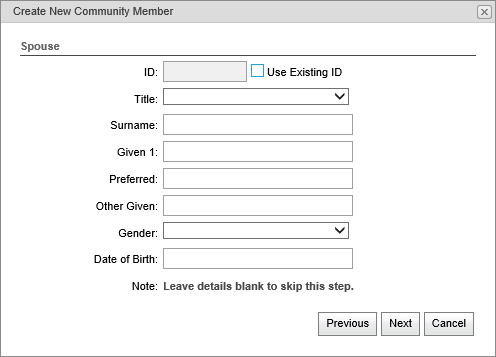 Create New Community Member - Spouse Name window (synweb)