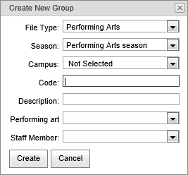 Create New Group window (Performing Arts Maintenance, synweb)