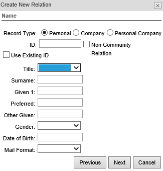 Create New Relation window (Staff Maintenance - Relations tab (synweb)