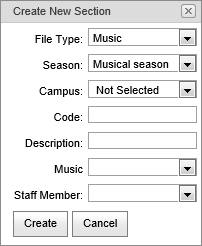 Create New Section window (Music Maintenance, synweb)