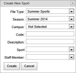 Create New Sport window (Sports Maintenance, synweb)