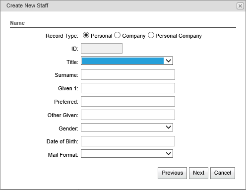 Create New Staff Member - Create New Staff window (synweb)