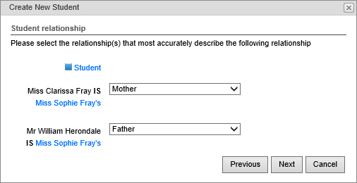 Create new student - Student Relationships window (synweb)