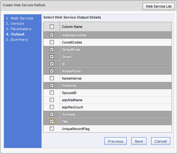 Create Web Service Method window - Output (synweb, populated)