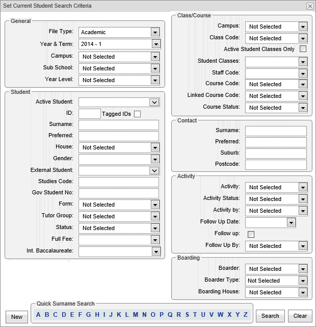 Current Student Maintenance Search Criteria (cut down, synweb)