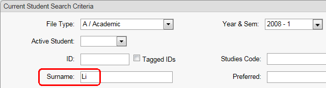 Current Student Search Criteria window (cut down)