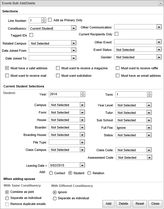 Events BulkAdd-Delete (current student, synweb)