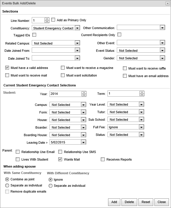 Events BulkAdd-Delete (current student emergency contact, synweb)