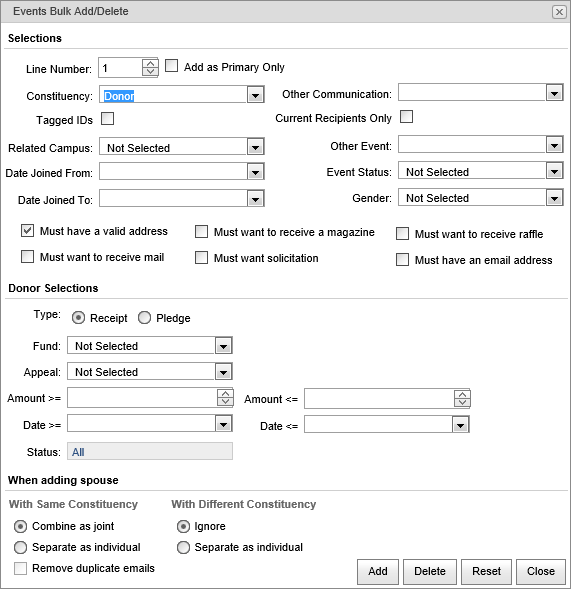 Events BulkAdd-Delete (donor, synweb)