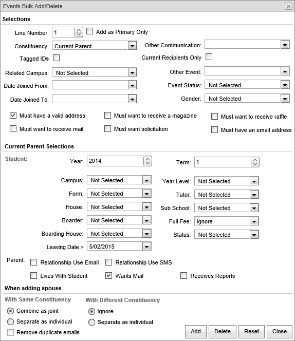 Events Bulk Add Delete (Current Parent, synweb)