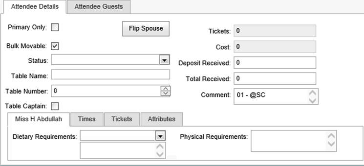 Events Maintenance - Current Attendees bar - Details sub tab fields (synweb)