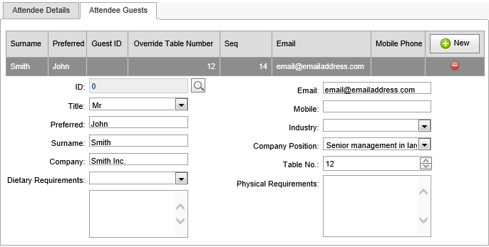 Events Maintenance - Current Attendees bar - Guests sub-tab