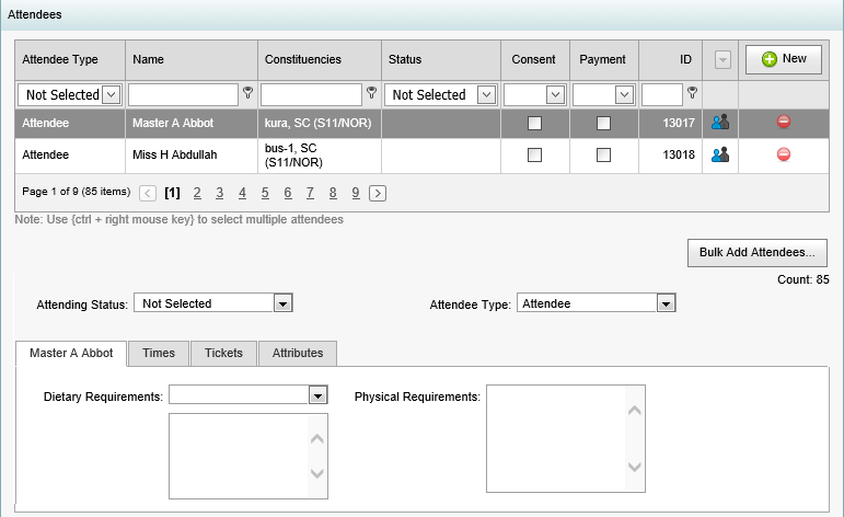 Excursion Maintenance - Attendees bar - Primary tab (synweb)