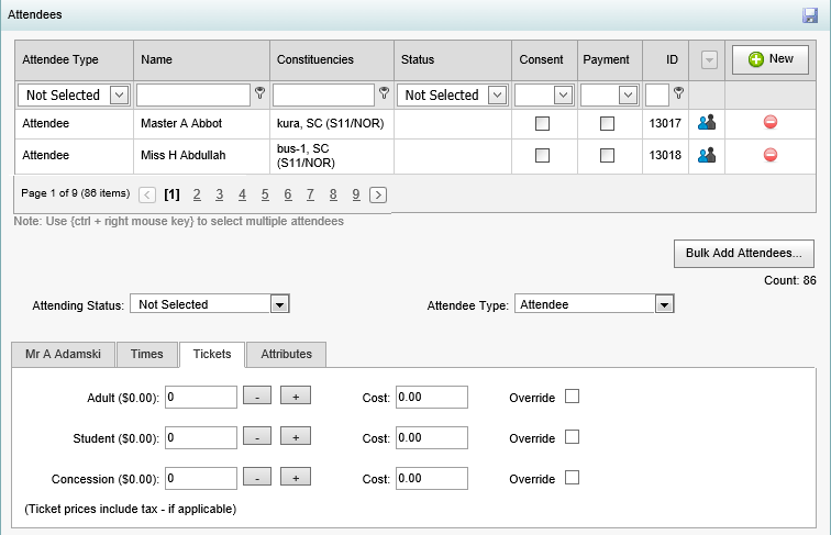 Excursion Maintenance - Attendees bar - Tickets tab (synweb)