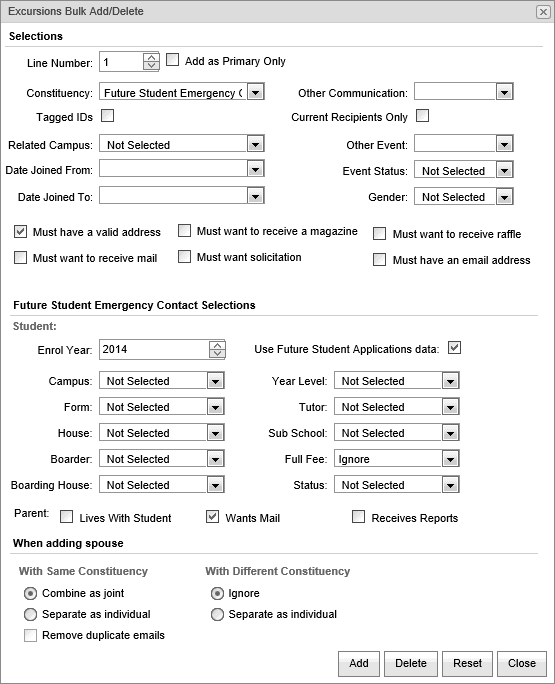 Excursions Bulk Add-Delerte (future student emergency contact, synweb)
