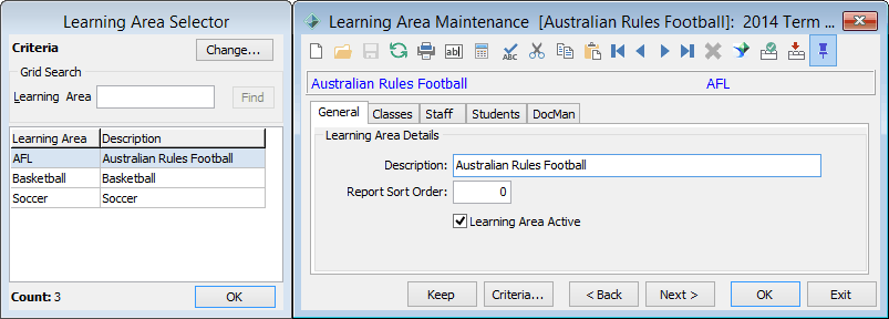 Learning Area Maintenance - General tab (Winter Sports)