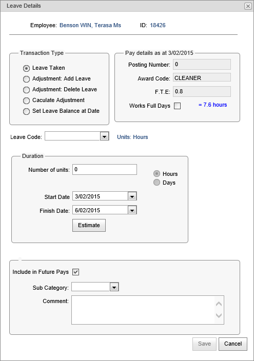 Leave Details window (synweb)