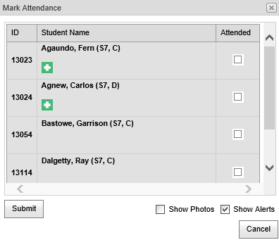 Mark Attendance (expanded, Co-Curricular Maintenance - Schedule tab, synweb)