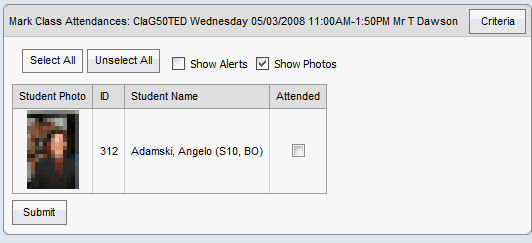 Mark Class Attendances window (co-curricular, synweb)