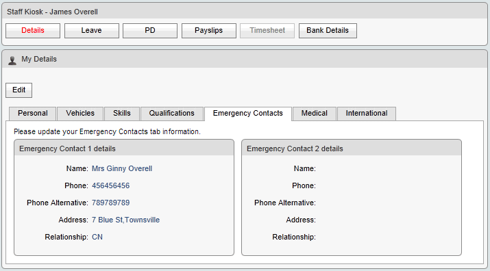 My Details - Emergency Contacts tab