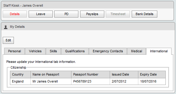 My Details - International tab