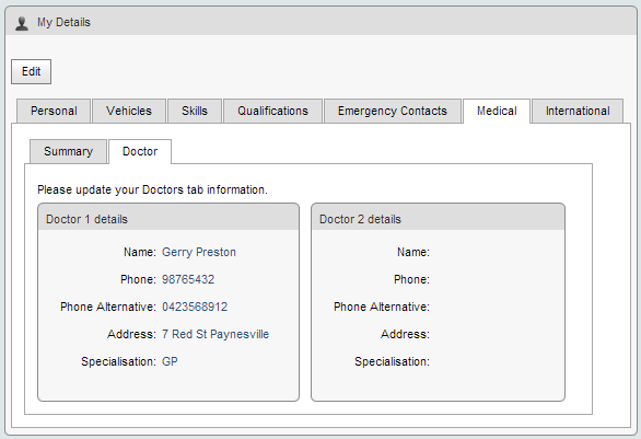 My Details - Medical - Doctor sub-tab (synweb)