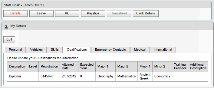 My Details - Qualifications tab