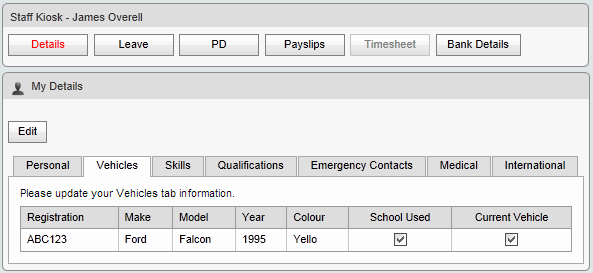 My Details - Vehicles tab